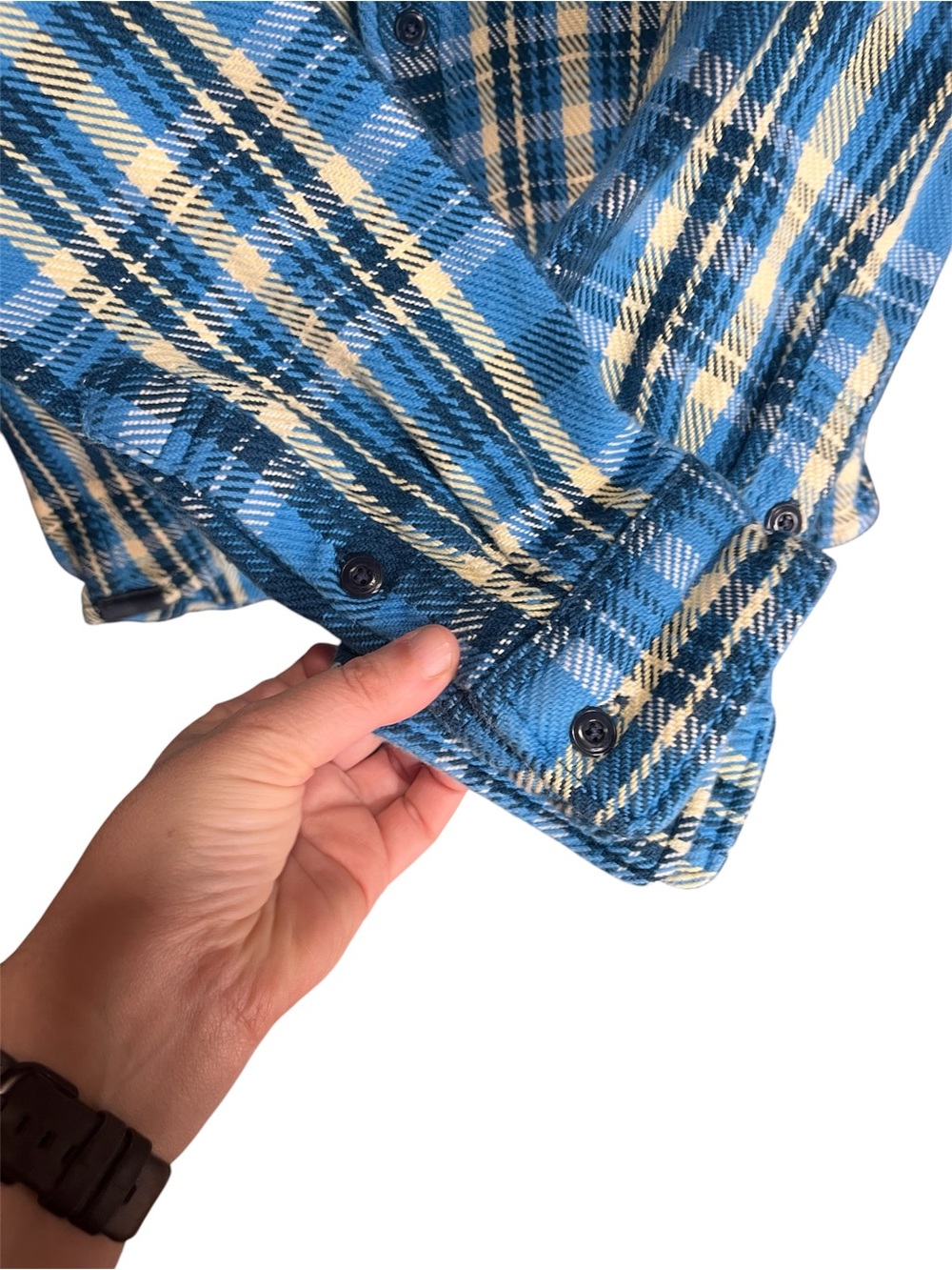 Outerknown Blue and Yellow Plaid Button Down Shacket Medium - Picture 2 of 10